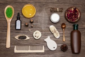 Natural spa products and accessories flat lay set